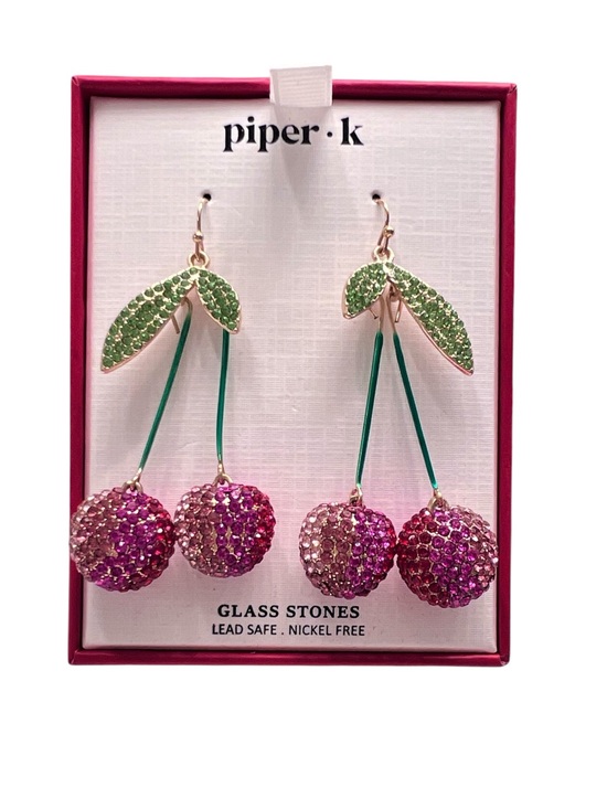 Piper K Jewelry - Piper K Sparkling Crystal Pink Cherry Drop Earrings with Green Leaves NEW